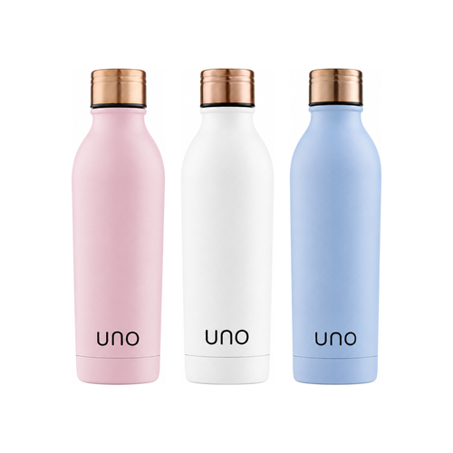 Trio butelek UNO — różowa, biała i niebieska butelka termiczna 500 ml