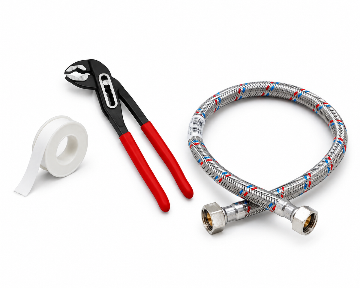 UNO installation kit — adjustable wrench, 3/4" stainless steel hose, Teflon tape